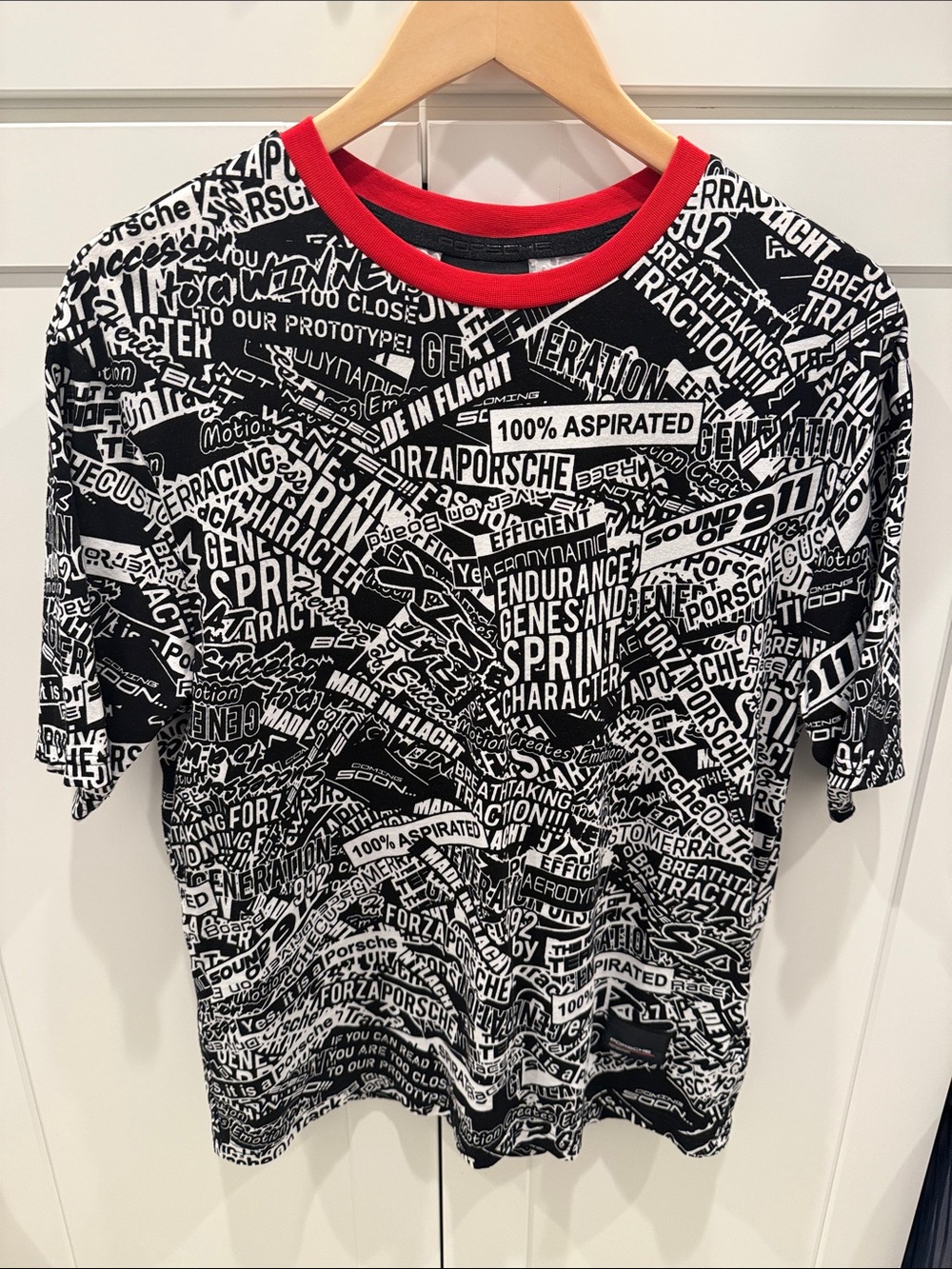 Porsche Design Black & White Graphic Short Sleeve Tee with Red Neck Trim